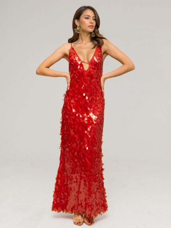 Sequin Maxi Dress In Red Deep V-neck Spaghetti Straps Sexy Formal Party Long Dress For Women 2025