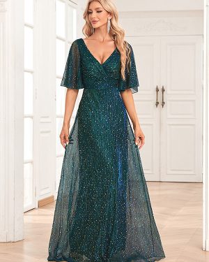 Sequin Maxi Dresses V-Neck Backless A-Line Prom Cocktail Dress