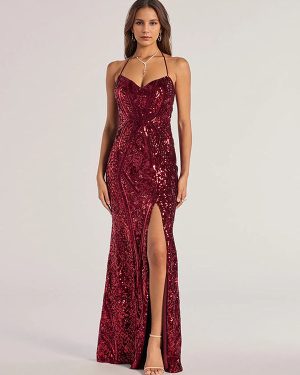 Sequin Mermaid Dress In Burgundy High Slit Sweetheart Neckline Tie-back Halter Straps Formal Party Long Dress For Women 2025