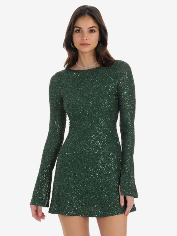 Sequin Mini Dress Open Back Long Sleeve A-line Birthday Party Dress For Women 2025