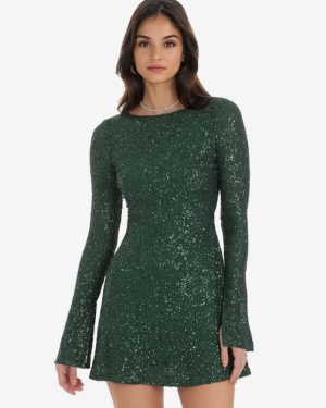 Sequin Mini Dress Open Back Long Sleeve A-line Birthday Party Dress For Women 2025