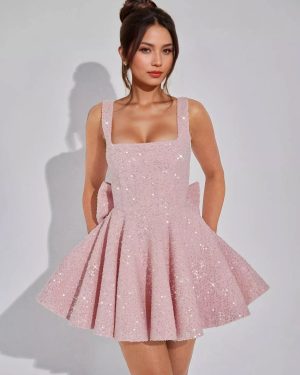 Sequin Mini Dress With Bow Back Square Neck A-Line Birthday Party Dress For Women 2025