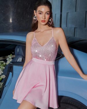 Sequin Mini Party Dress V-neck A-line Skater Dress For Summer 2025