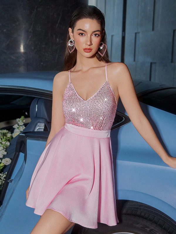 Sequin Mini Party Dress V-neck A-line Skater Dress For Summer 2025