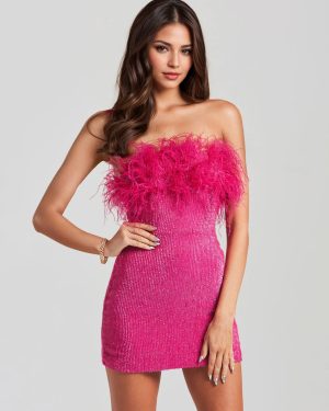 Sequin Party Dresses Sleeveless Feather Birthday Semi Formal Mini Dress