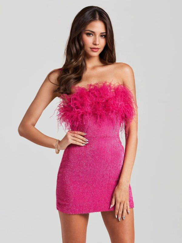 Sequin Party Dresses Sleeveless Feather Birthday Semi Formal Mini Dress