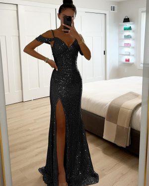 Sequin Strap Maxi Dress Off-shoulder Sexy High-slit Ruched Long Party Dress For Women 2025