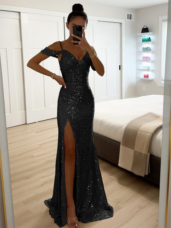 Sequin Strap Maxi Dress Off-shoulder Sexy High-slit Ruched Long Party Dress For Women 2025