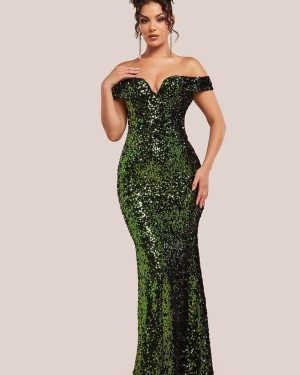 Sequin Velvet Bardot Evening Maxi Dress - Olive Green by Goddiva