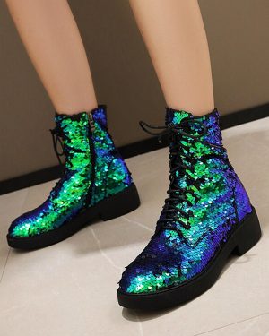 Sequined Ankle Boots Flat Round Toe Lace Up Booties For Women