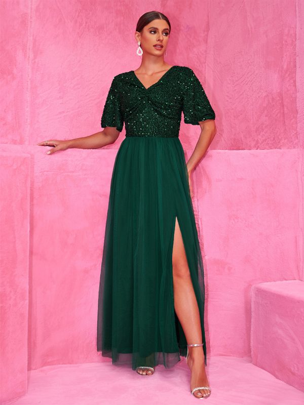 Sequined Dark Green Maxi Party Dress With High Slit For Evening Events 2025