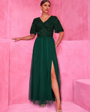 Sequined Dark Green Maxi Party Dress With High Slit For Evening Events 2025