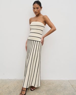 Serena Bandeau Contrast Stripe Knit Midaxi Dress - Cream and Black, L
