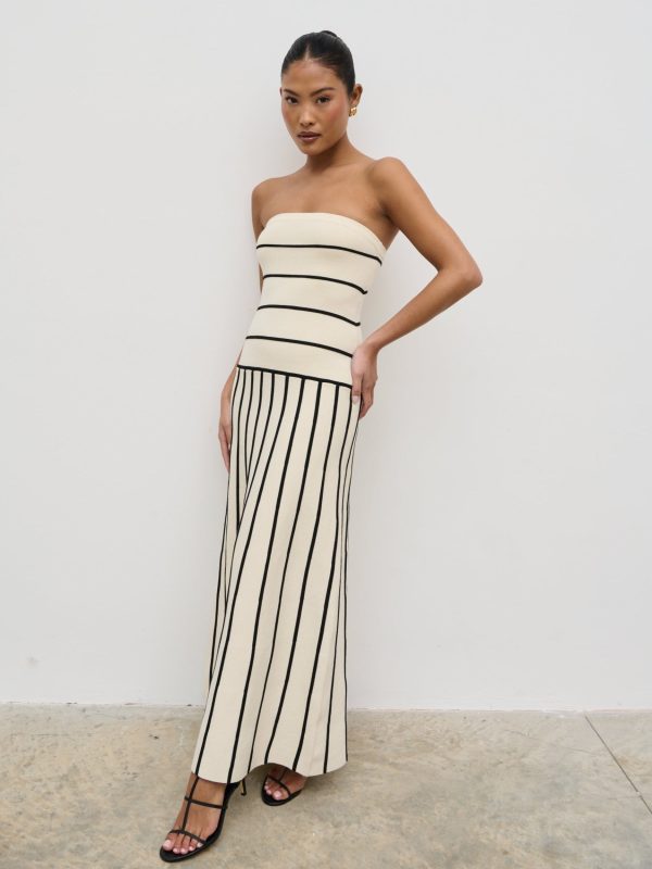 Serena Bandeau Contrast Stripe Knit Midaxi Dress - Cream and Black, L