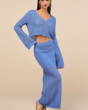 Serene Aesthetic Blue Crochet Knit Midi Skirt