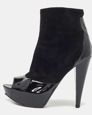 Sergio Rossi Black Patent And Suede Leather Baltimora Peep Toe Platform Ankle Boots Size 39.5