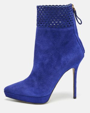 Sergio Rossi Blue Suede Pointed Toe Platform Ankle Boots Size 37