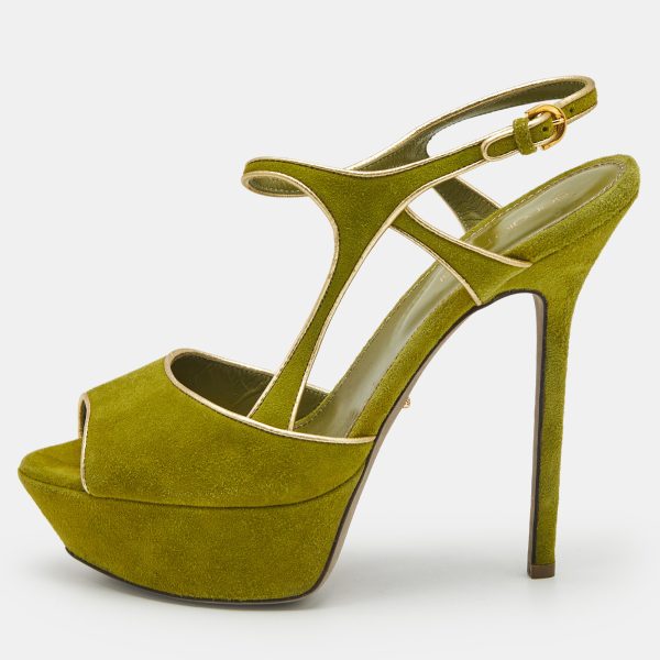 Sergio Rossi Green/Gold Suede and Leather Platform Sandals Size 37