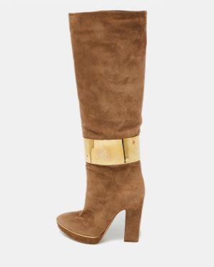 Sergio Rossi Light Brown Suede Metal Cuff Platform Knee Length Boots Size 36