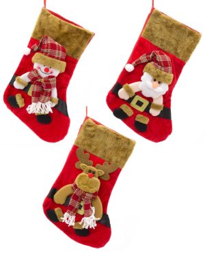 Set of 3 Plush Christmas Stockings | Santa Reindeer Snowman Christmas Stockings