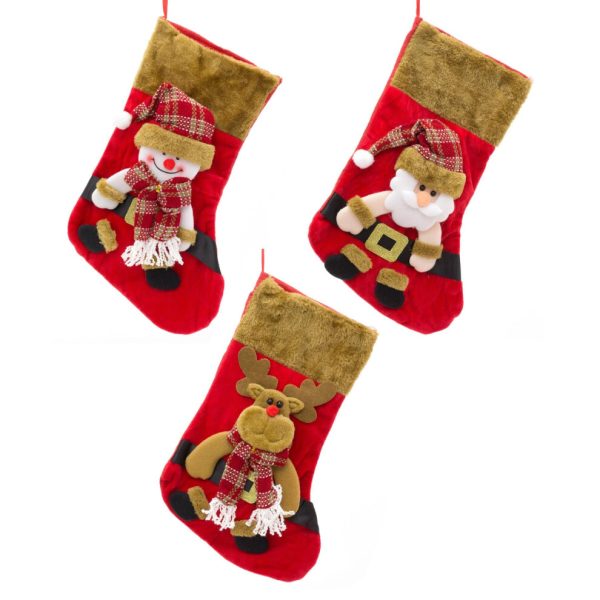 Set of 3 Plush Christmas Stockings | Santa Reindeer Snowman Christmas Stockings