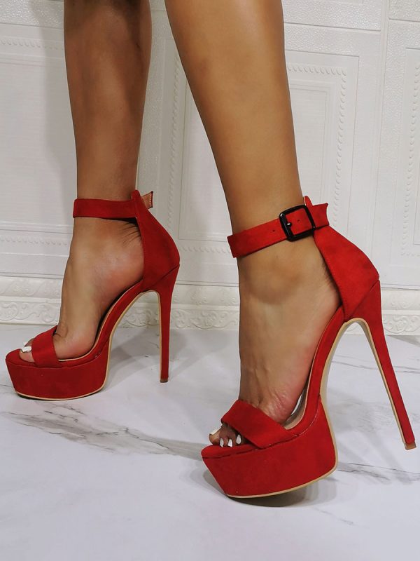 Sexy High Heel Sandals For Woman Red Micro Suede Upper Open Toe Stiletto Heel Sexy Ankle Strap Heels