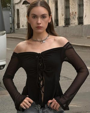 Sexy Off-Shoulder Crop Top Mesh Long Sleeve Tie-Front Cutout Blouse For Women 2025