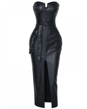 Sexy Strapless Bodycon Pu Leather Dress Women Split Rivet Drop Draped Dress Club Party Wear Female(black M)