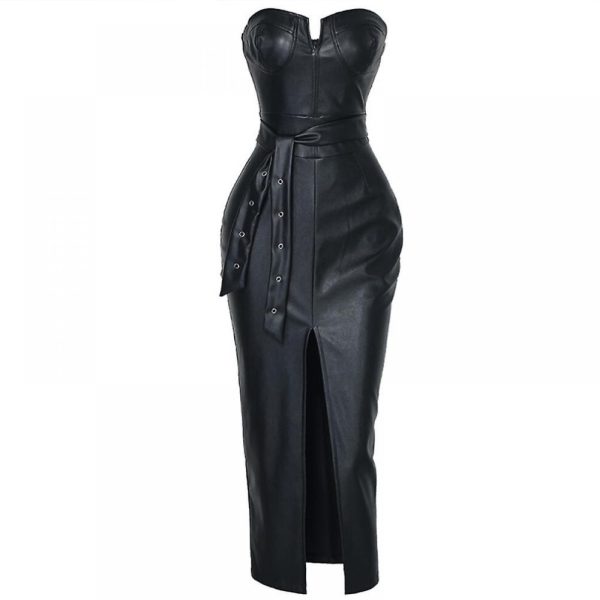 Sexy Strapless Bodycon Pu Leather Dress Women Split Rivet Drop Draped Dress Club Party Wear Female(black M)