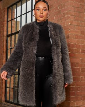 Shaggy Faux Fur Coat in Grey - 8