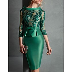 Sheath Cocktail Dresses Elegant Dress Engagement Knee Length 3/4 Length Sleeve Jewel Neck Fall Wedding Guest Satin with Buttons Appliques Derby Dress Race Day Dress 2025