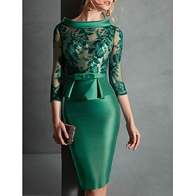 Sheath Cocktail Dresses Elegant Dress Engagement Knee Length 3/4 Length Sleeve Jewel Neck Fall Wedding Guest Satin with Buttons Appliques Derby Dress Race Day