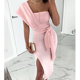 Sheath Cocktail Dresses Elegant Dress Wedding Guest Prom Tea Length Sleeveless One Shoulder Stretch Fabric with Slit Pure Color Strappy Derby Dresses 2025