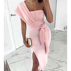 Sheath Cocktail Dresses Elegant Dress Wedding Guest Prom Tea Length Sleeveless One Shoulder Stretch Fabric with Slit Pure Color Strappy Derby Dresses 2025