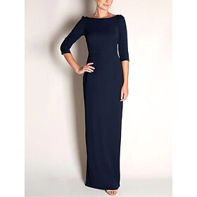 Sheath / Column Mother of the Bride Dress Elegant Vintage Minimalist Jewel Neck Floor Length Stretch Fabric Linen Cotton Blend Half Sleeve with Draping Solid