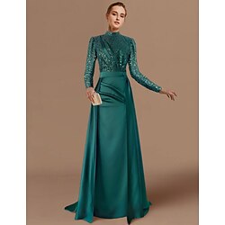 Sheath Evening Gown Elegant Dress Formal Sweep / Brush Train Long Sleeve Jewel Neck Satin with Pleats Ruched Sequin 2025