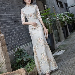 Sheath Evening Gown Vintage Dress Wedding Guest Formal Evening Floor Length Half Sleeve High Neck Satin with Embroidery dress to impress 2025