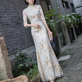 Sheath Evening Gown Vintage Dress Wedding Guest Formal Evening Floor Length Half Sleeve High Neck Satin with Embroidery dress to impress 2025