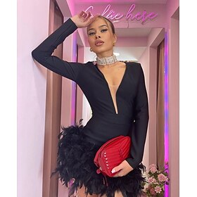 Sheath Homecoming Dresses Elegant Dress Holiday Homecoming Short / Mini Long Sleeve V Neck Polyester with Feather dress to impress 2025