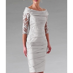 Sheath Mother of the Bride Dress Wedding Guest Elegant Off Shoulder Knee Length Taffeta Half Sleeve with Appliques Ruching Derby Dress Race Day Dress 2025 free custom size