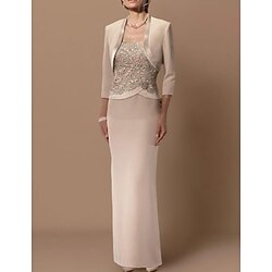 Sheath Mother of the Bride Dress Wedding Guest Elegant Plus Size Straight Neckline Floor Length Chiffon Satin Lace Sleeveless Short Jacket Dresses with Sash / Ribbon Appliques 2025