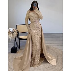 Sheath Sequin Evening Gown Elegant Dress Formal Floor Length Long Sleeve Square Neck Champagne Mother Of the Bride Dress Masquerade Dress 2025