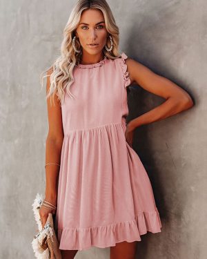Shift Dresses Jewel Neck Sleeveless Casual Ruffles Oversized Pastel Pink Tunic Dress