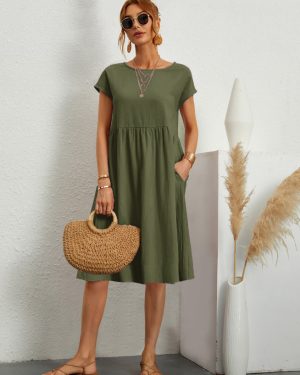 Shift Dresses Short Sleeves Casual Jewel Neck Hunter Green Tunic Dress