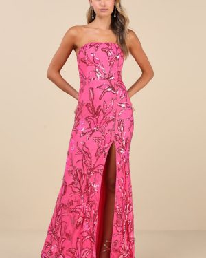 Shimmering Icon Hot Pink Sequin Lace-Up Strapless Maxi Dress