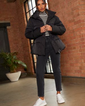 Shirred Waist Short Padded Jacket in Black - 8