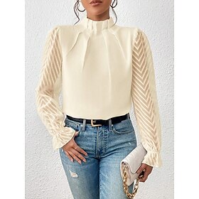 Shirt Blouse Dressy Tops Women's White Pink Navy Blue Plain Mesh Street Daily Fashion High Neck Regular Fit S