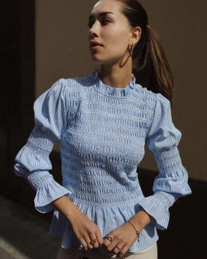 Shirt For Women Light Sky Blue Polyester Jewel Neck Casual Plaid Pleated Long Sleeves Tops