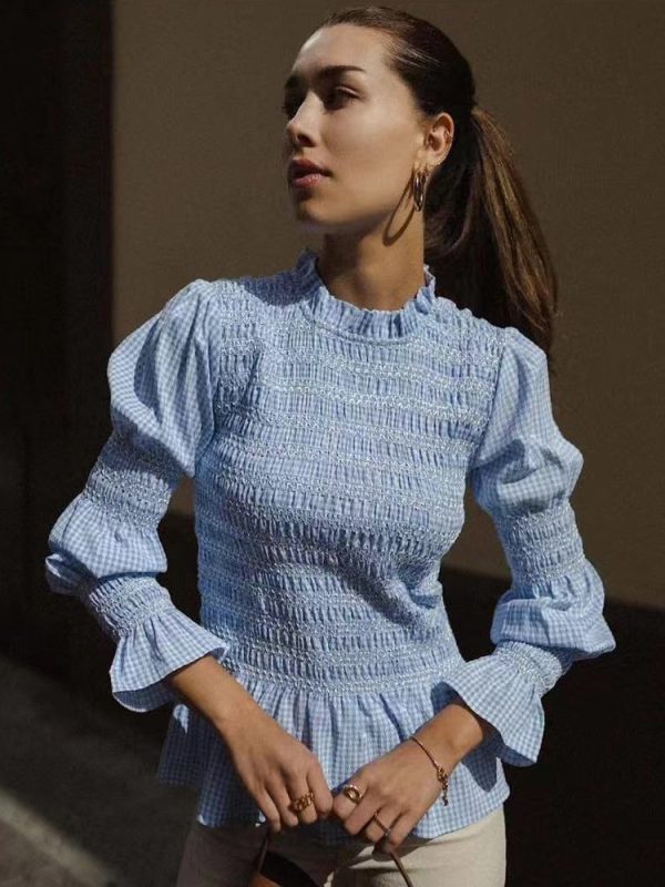 Shirt For Women Light Sky Blue Polyester Jewel Neck Casual Plaid Pleated Long Sleeves Tops