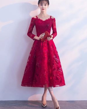 Short Prom Dresses Burgundy Lace Graduation Dress Cold Shoulder Long Sleeve Tea Length Cocktail Dress